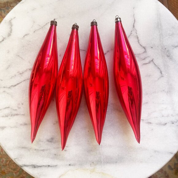 Vintage Red Icicles Set of 4 Large Mercury Glass Christmas Ornaments - Picture 1 of 5
